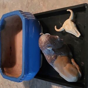 UPDATED LISTING Pot, Tray, Bison Buffalo tatanka and skull figurines Set